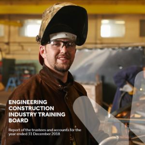 Annual report cover shows welder with mask up looking into camera