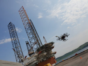 A drone inspects an offshore platform in Dundee Dock
