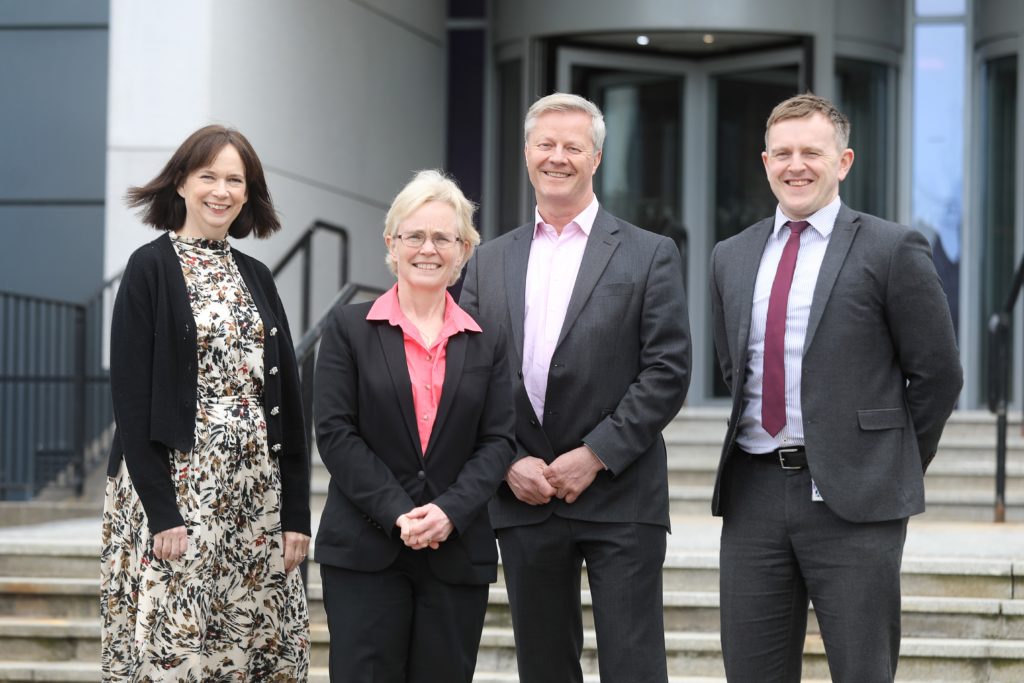 Photo of the following figures outside the North East Scotland College in Aberdeen: (Left to Right) Maggie McGinlay, ETZ Ltd Chief Executive; Susan Grant, NESCol Associate Vice Principal Curriculum, Planning and Partnerships; Chris Claydon, ECITB Chief Executive; Robin McGregor, Vice Principal: Curriculum and Quality, Nescol