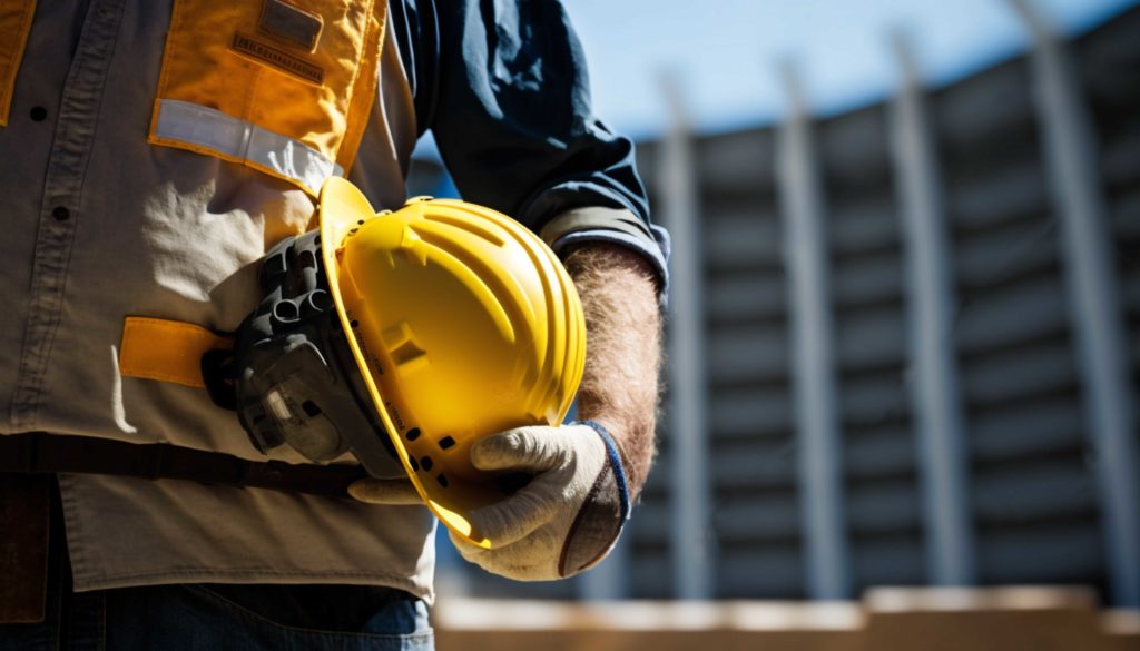 Man holding hard hat on a construction site