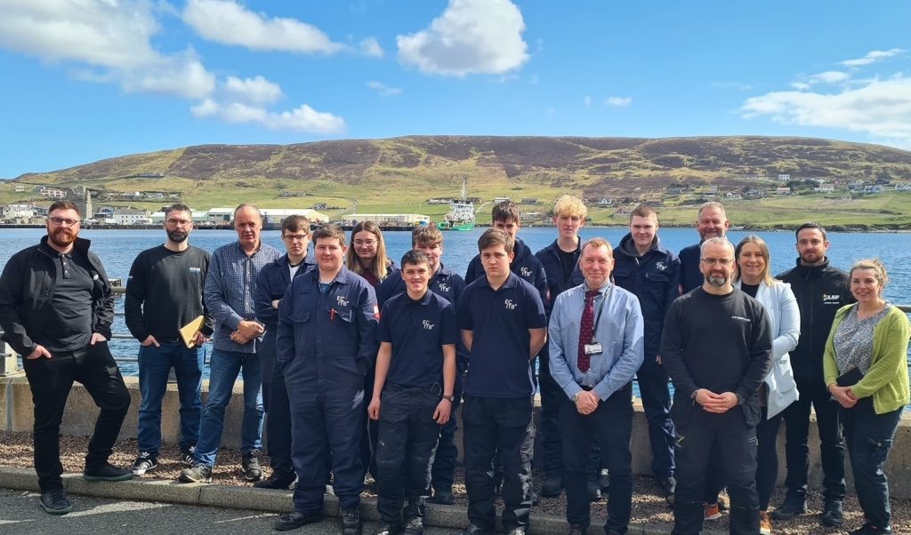 Shetland visit Apr 23 The ECITB delegation is joined by ECITB scholars, UHI Shetland, Skills Development Scotland and representatives from engineering companies including Voar Energy, Ocean Kinetics, Malakoff, Altrad and L/E/F.