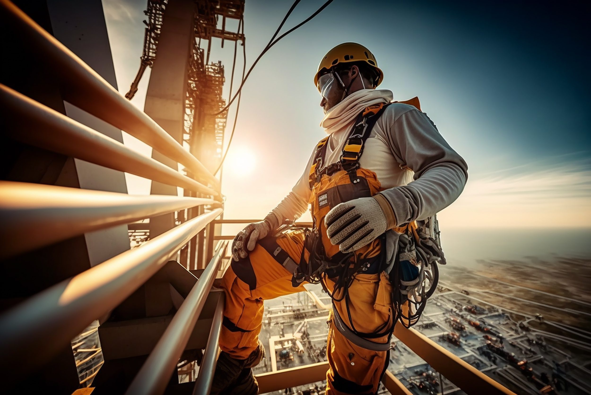 construction engineer worker at heights,architecture sci-fi cons Man working at height wearing PPE