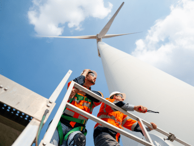 Two workers stand on the base of a wind turbine and look to right side with blue sky.