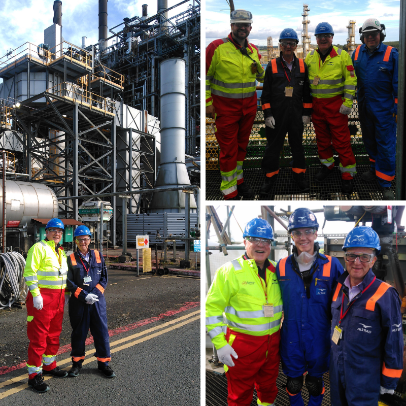 Andrew Hockey on a tour of the Mosmorran facility with Paul Hynd, where they met 3rd Year Pipe Welding Apprentice Ben Smart (bottom right), as well as Altrad’s Steven Brisbane and Douglas MacCalman