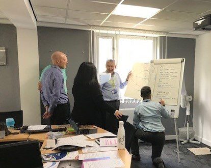 NUVIA team on leadership programme writing on flipchart