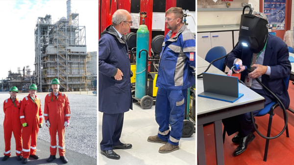 Andrew Hockey on a tour of INEOS Acetyls at Saltend, Humberside (left), with instructor Danny Williams at Pembrokeshire College, and welding at Neath Port Talbot College in Wales