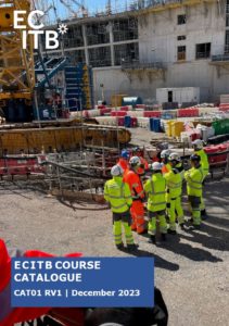 Course catalogue front cover showing workers in a meeting on site