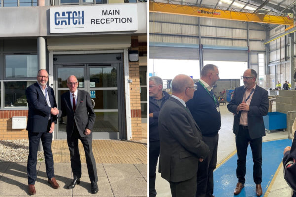 ECITB Chief Executive Andrew Hockey shakes hands with David Talbot (left), Chief Executive at CATCH, before a recent guided tour (right)