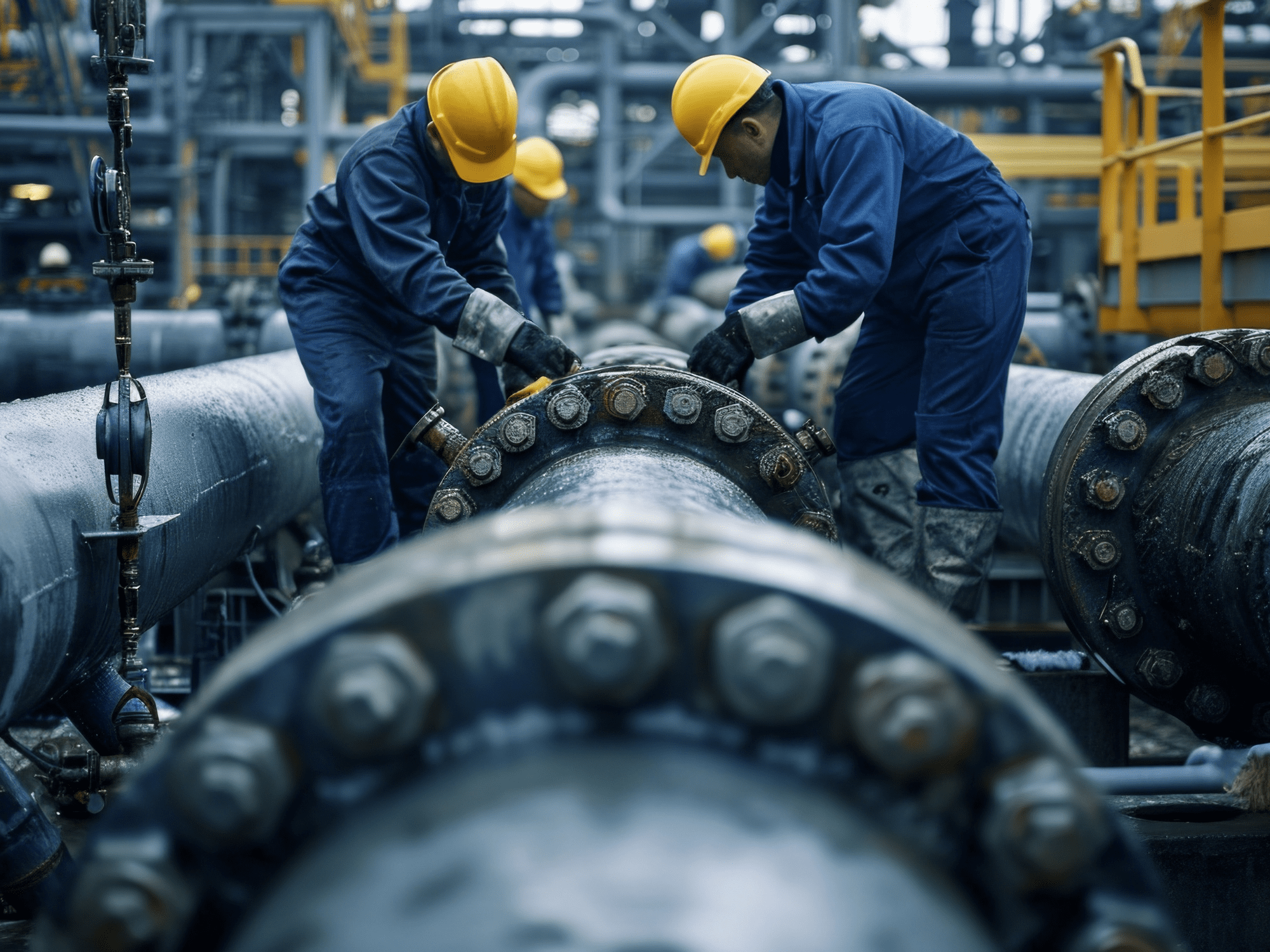 Pipefitting Four Men In Yellow Hard Hats Adding Bolts To Metal Pipe