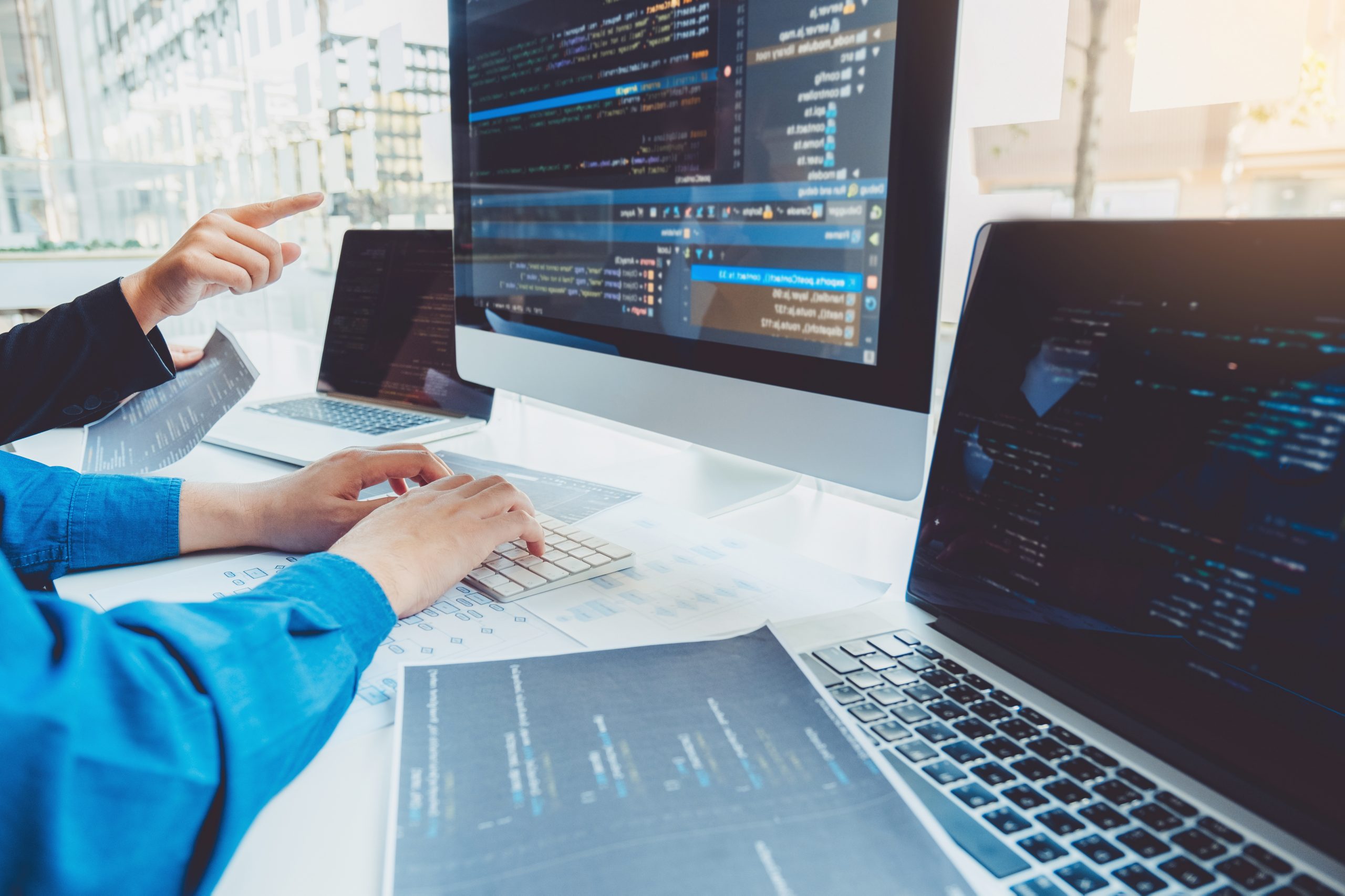 Developing Programmer Team Development Website Design And Coding Technologies Working In Software Company Office