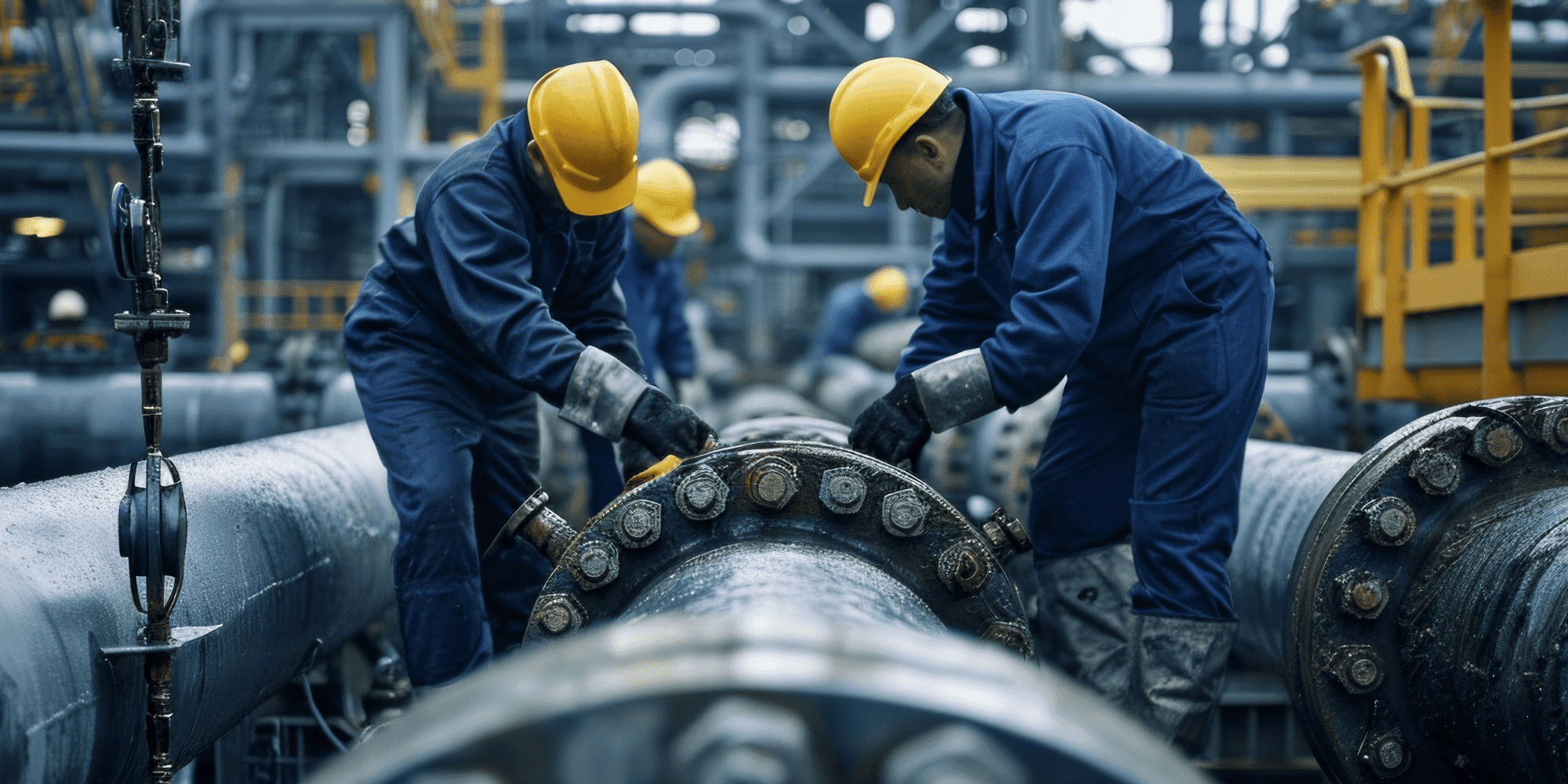 Pipefitting Four Men In Yellow Hard Hats Adding Bolts To Metal Pipe Aspect Ratio 1160 580
