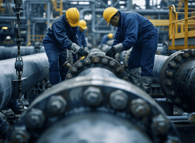 Pipefitting Four Men In Yellow Hard Hats Adding Bolts To Metal Pipe Aspect Ratio 380 280