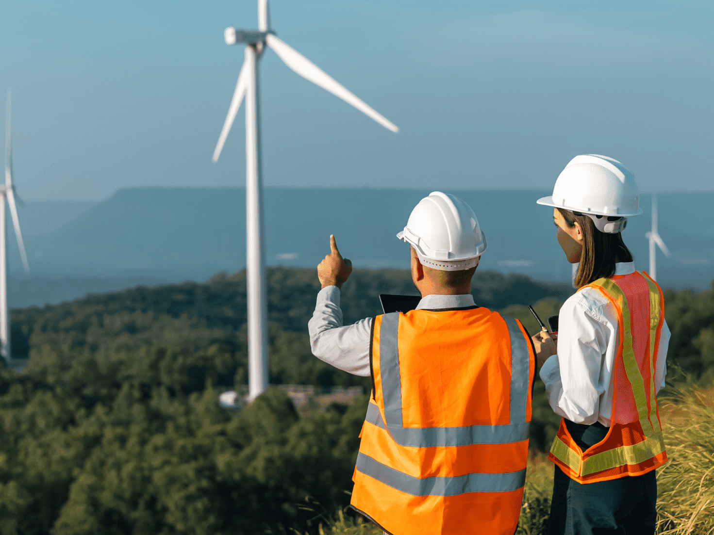 Wind Turbines A Lady And A Man In Orange Vests On A Hill Pointing At Wind Turbines Aspect Ratio 800 600