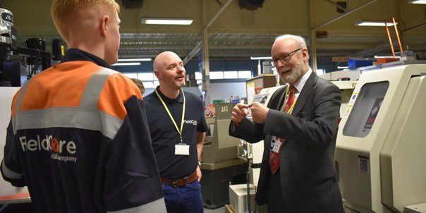 Apprentice Fletcher Brown, Andrew Felton From GE Vernova, MP Alex Cunningham At NETA Training Centre