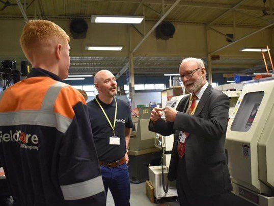 Apprentice Fletcher Brown, Andrew Felton From GE Vernova, MP Alex Cunningham At NETA Training Centre