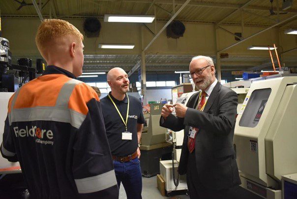 Apprentice Fletcher Brown, Andrew Felton From GE Vernova, MP Alex Cunningham At NETA Training Centre