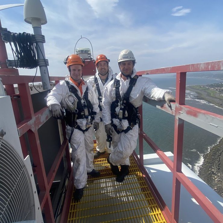Wind turbine cross-skill pilot learners Calvin Stewart, Michael Johnstone, Niall Gibb At Top Of Wind Turbine