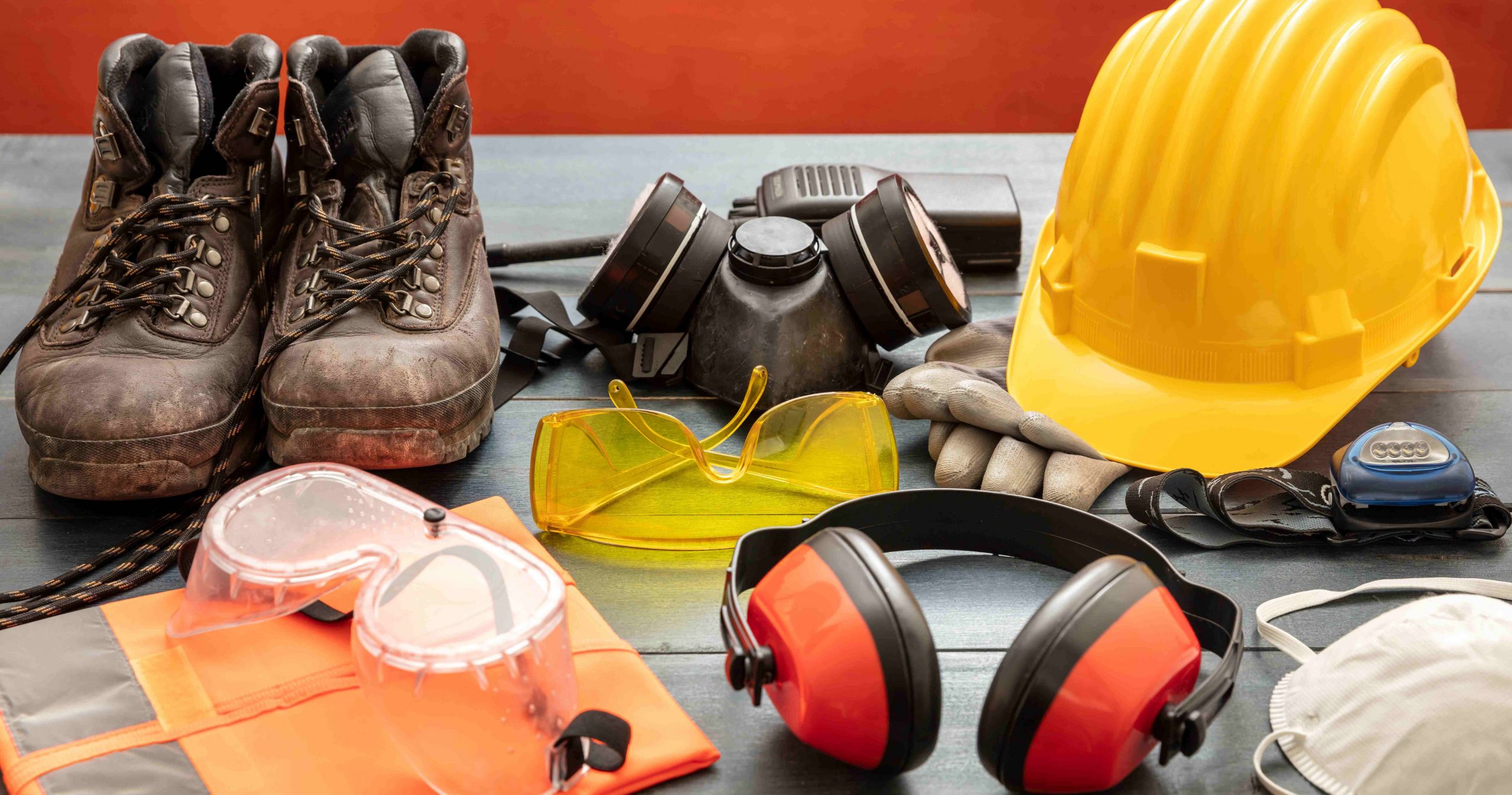 Work Safety PPE Protection Equipment. Industrial Protective Gear On Wooden Table, Red Color Background.