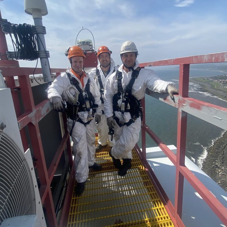 Wind turbine cross-skill pilot learners Calvin Stewart, Michael Johnstone, Niall Gibb At Top Of Wind Turbine