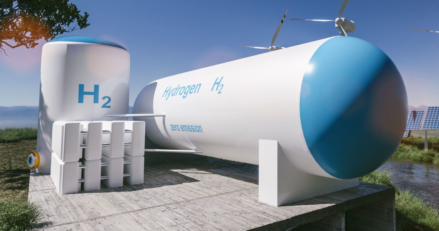 Hydrogen Renewable Energy Production   Hydrogen Gas For Clean Electricity Solar And Windturbine Facility.