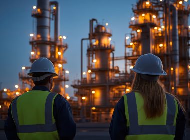 Two Workers, One Male And One Female, Observing An Industrial Facility At Dusk. Image for article on neurodiversity