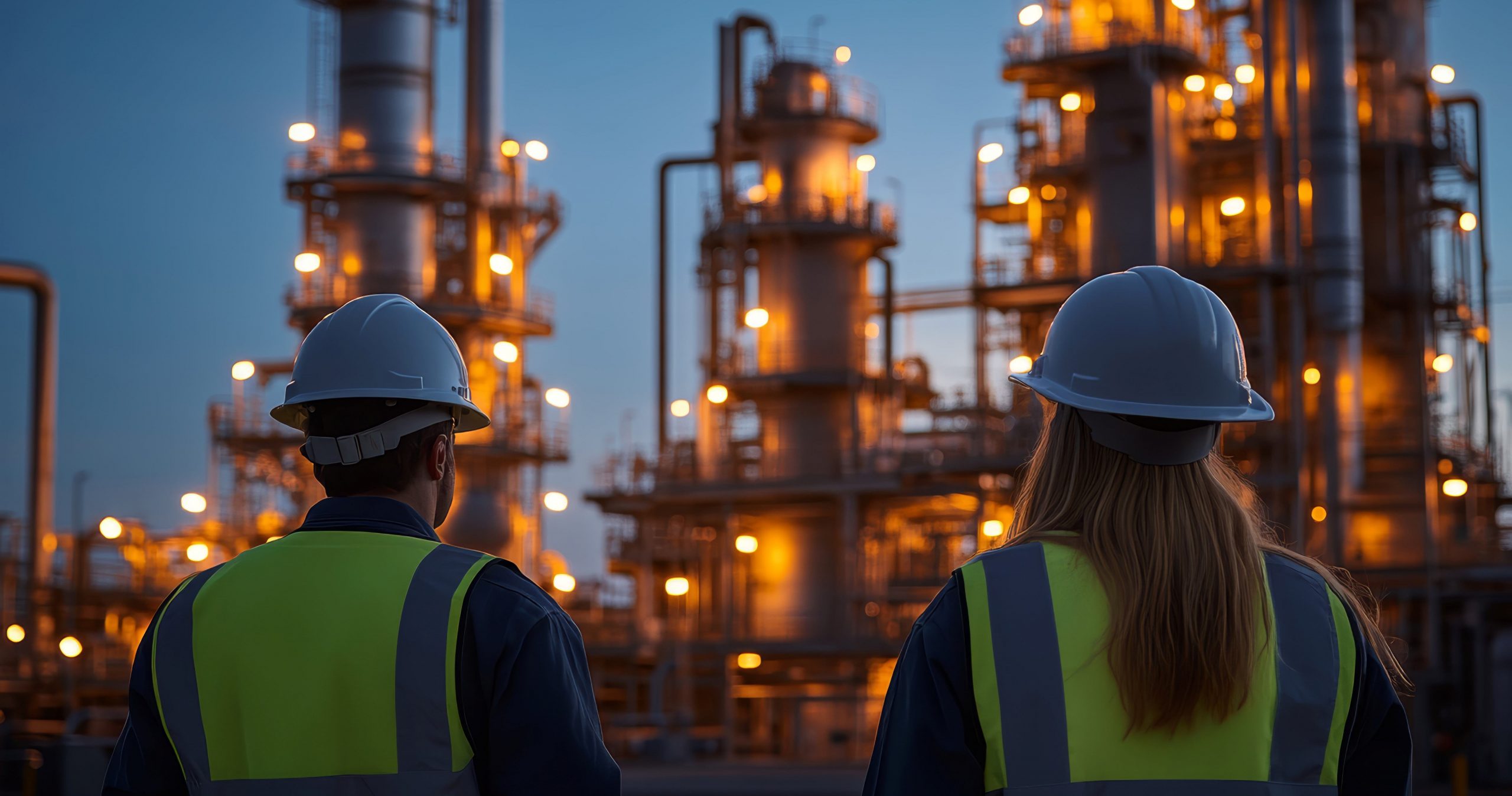 Two Workers, One Male And One Female, Observing An Industrial Facility At Dusk. Image for article on neurodiversity