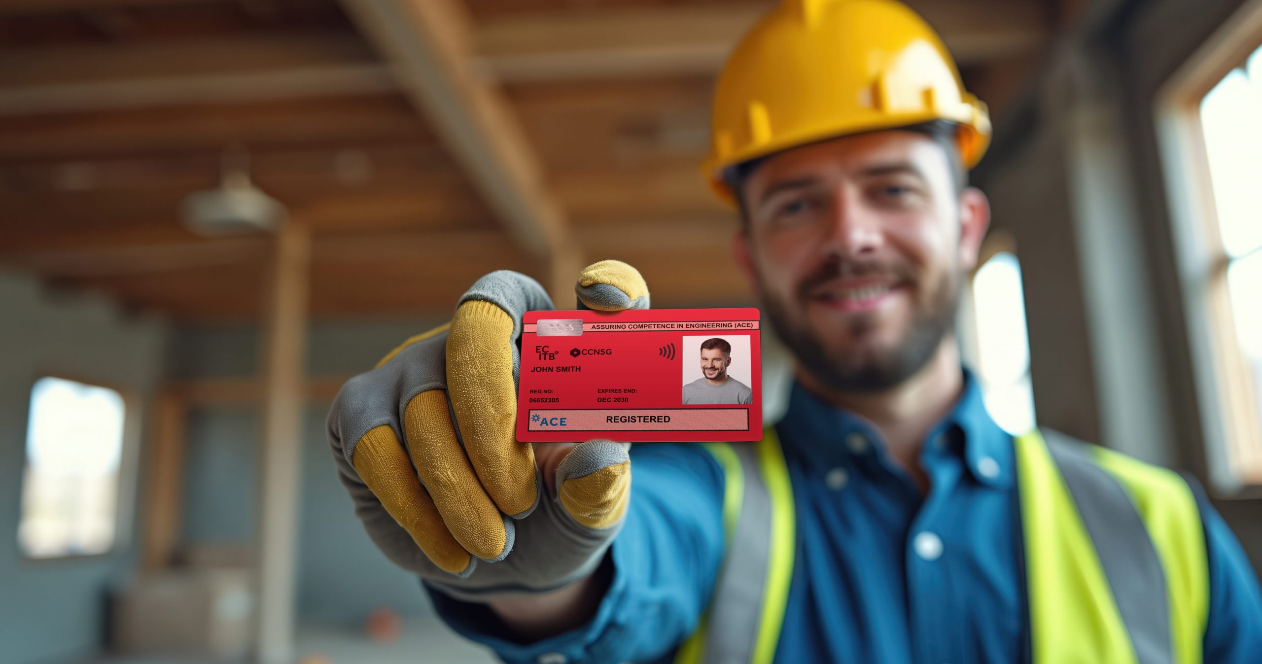 Construction worker holds out red ACE card.