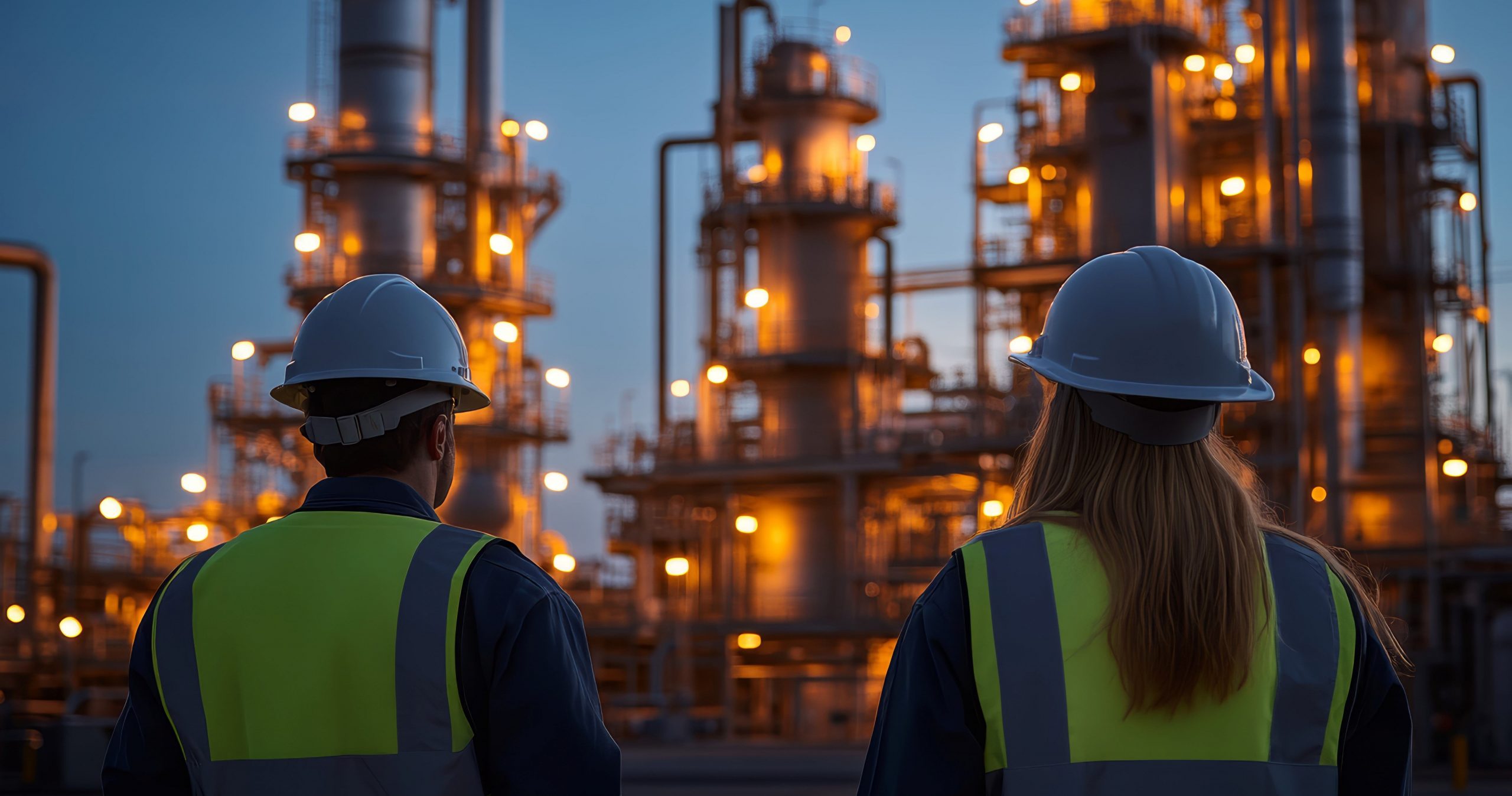 Two Workers, One Male And One Female, Observing An Industrial Facility At Dusk. Image for article on neurodiversity
