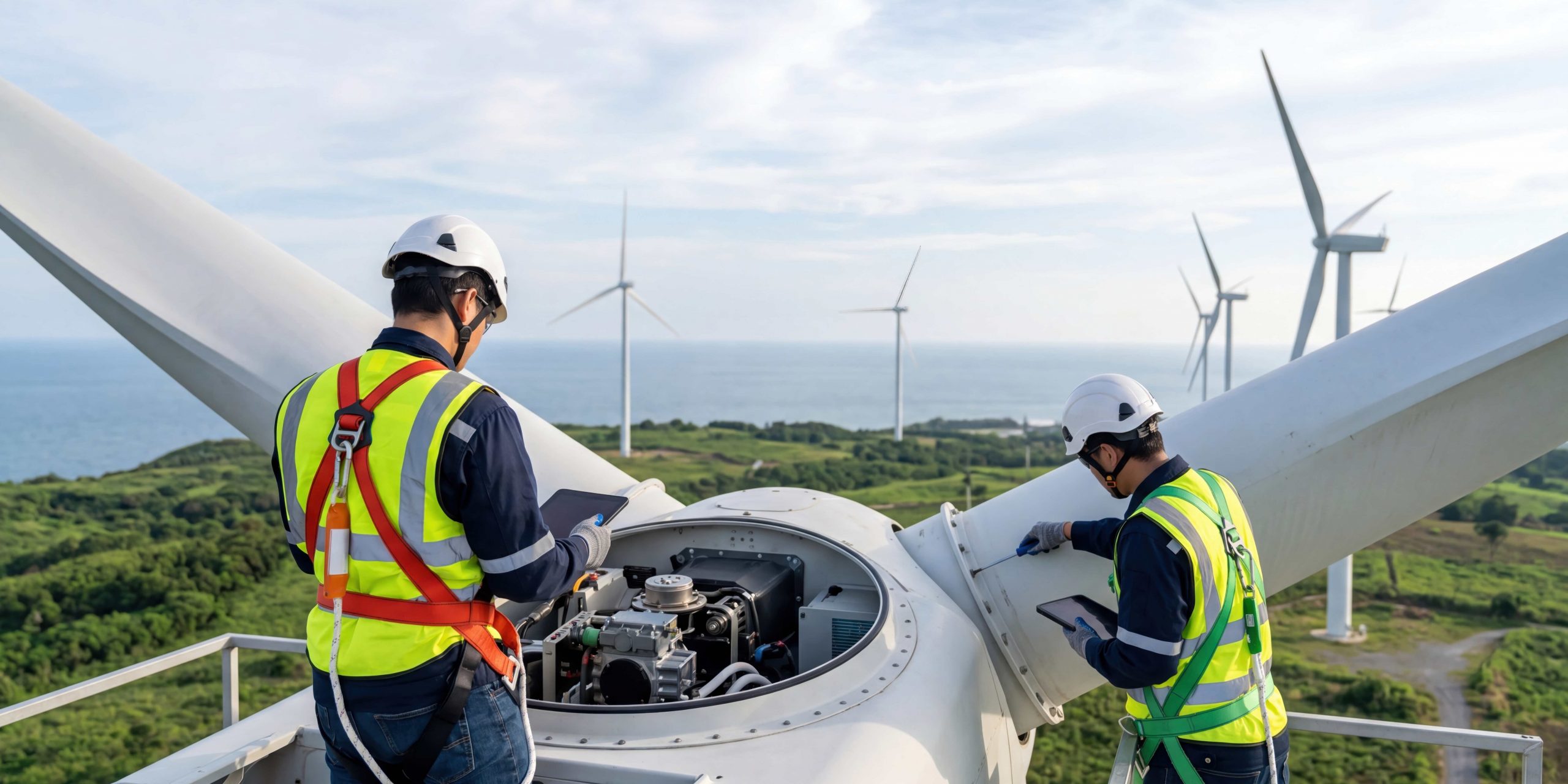 Wind Turbine Technicians Doing Maintenance On Turbine