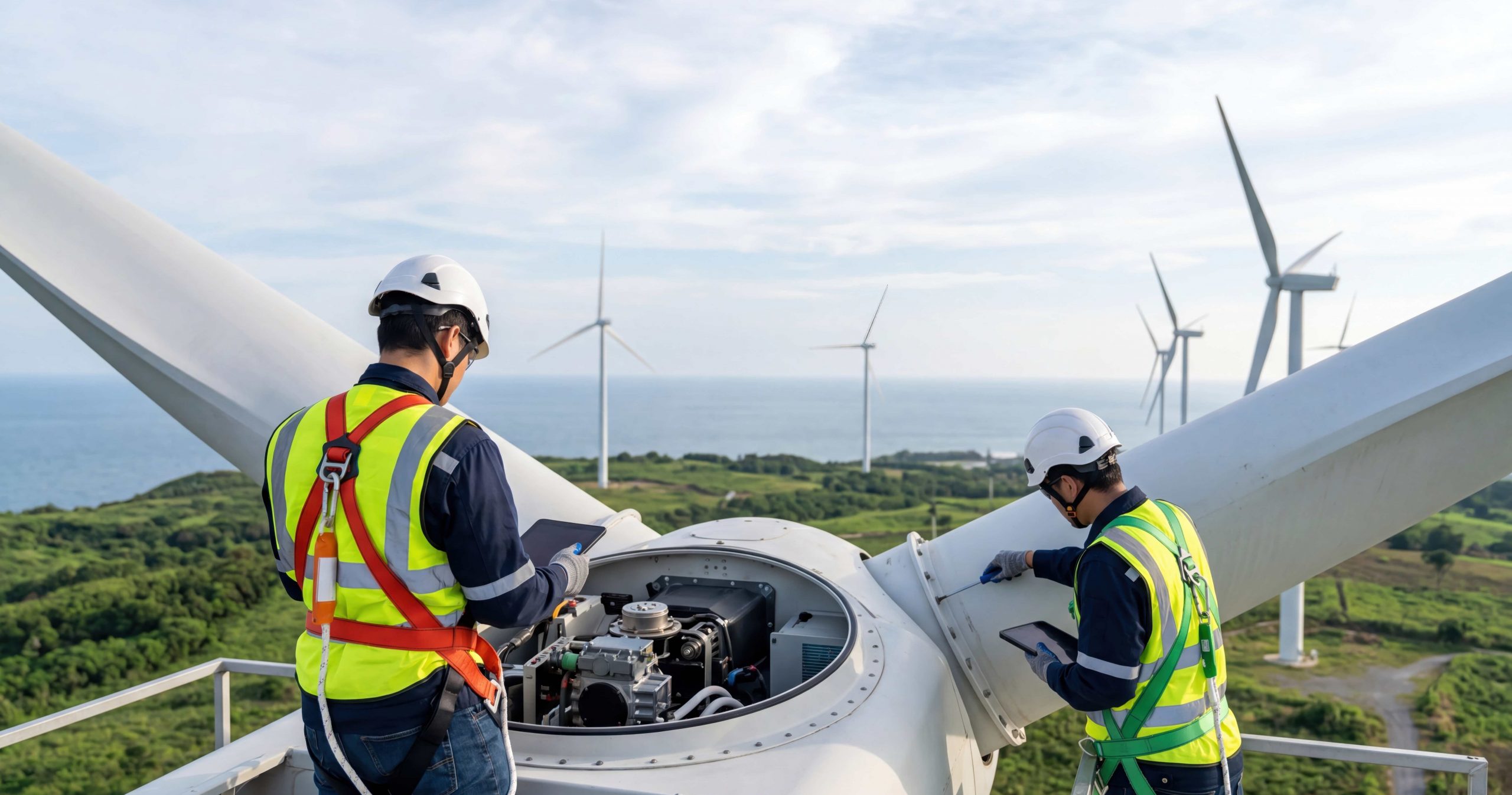 Wind Turbine Technicians Doing Maintenance On Turbine