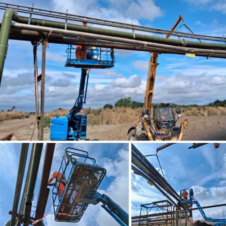 Tom Knights Working For Pruce Newman In A Cherry Picker Helping Strip Out Pipework On An Industry Site.